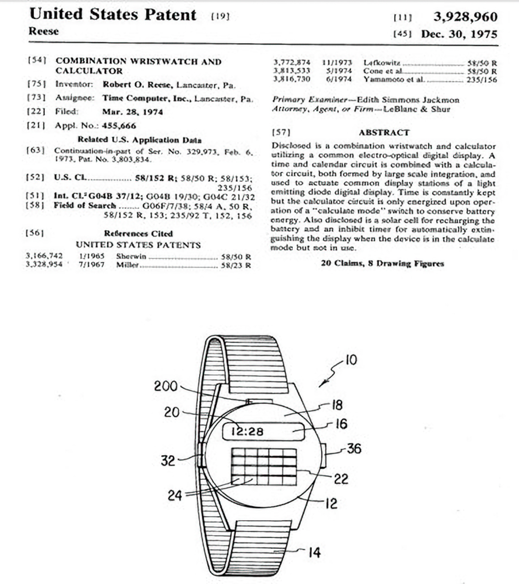 Patent number two for Reese and the watch/calculator.