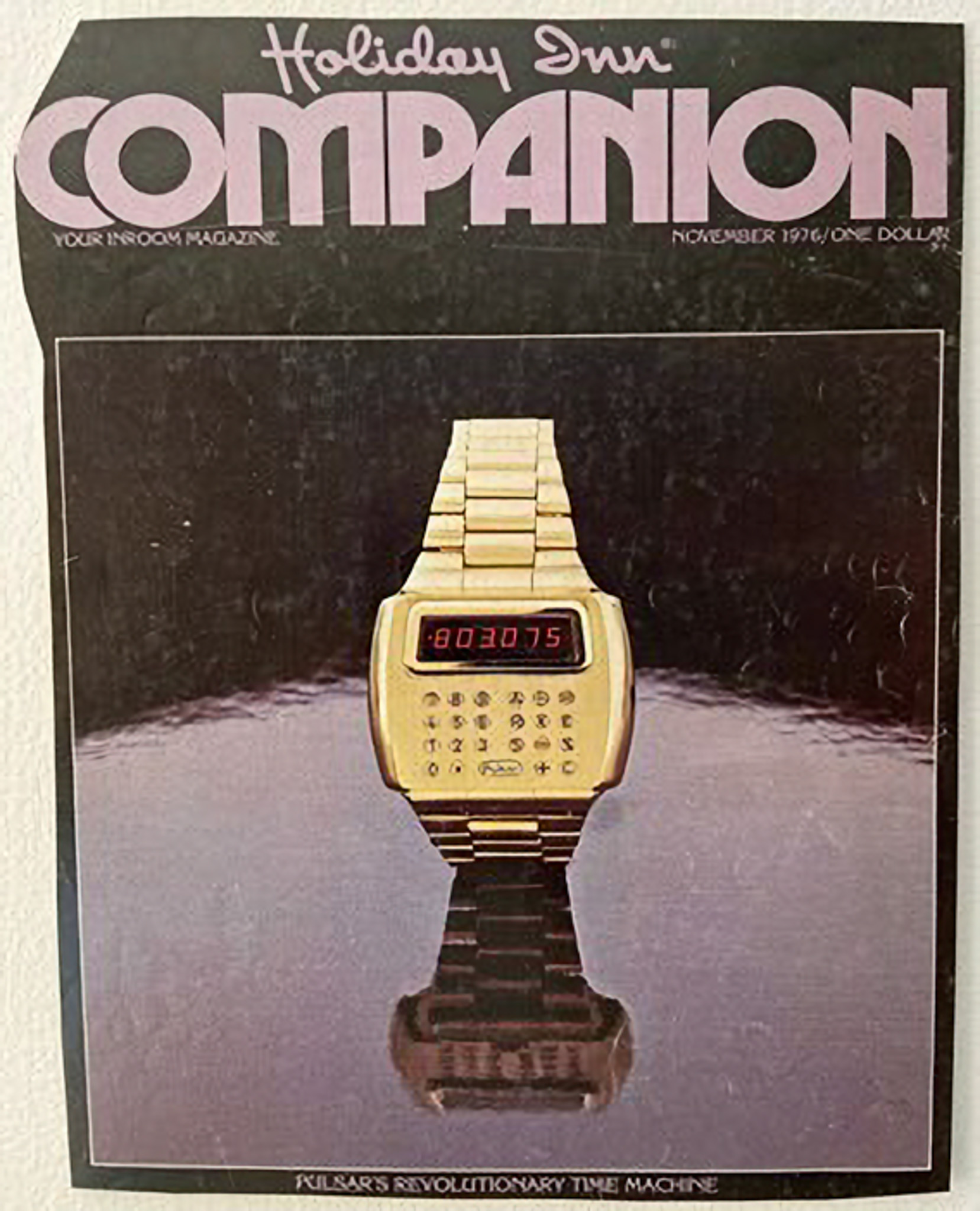 Holiday Inn Companion Magazine announcement regarding the watch/calculator.