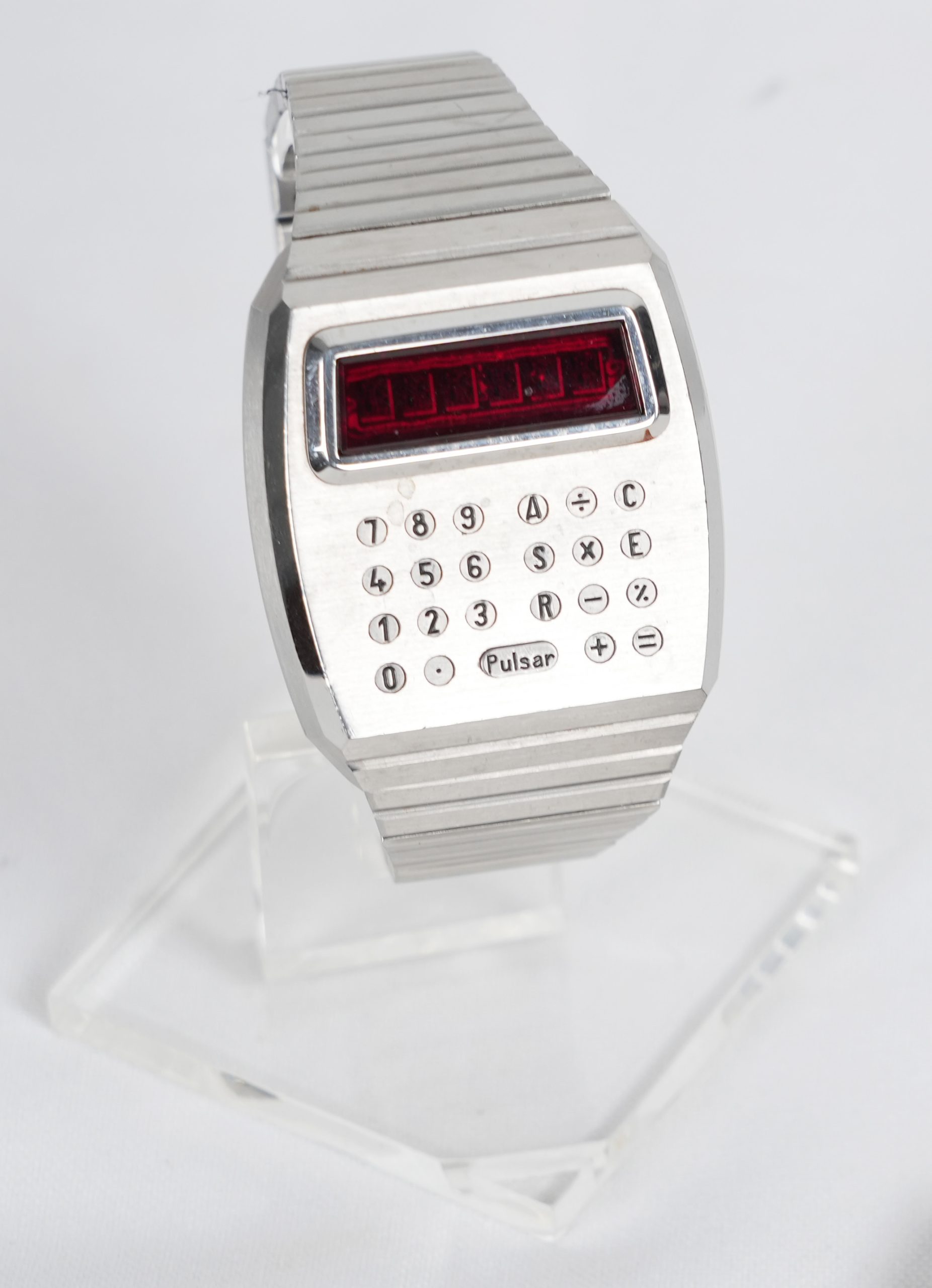 Stainless steel version of the watch/calculator.