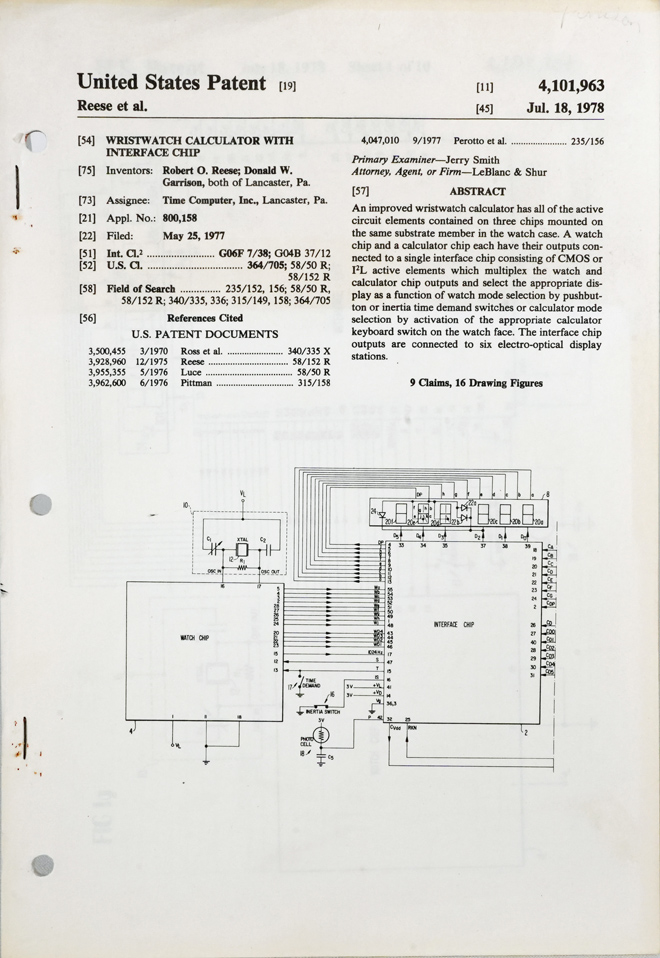 Patent number threee for Reese & the watch/calculator.