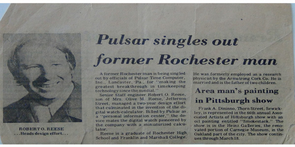 Newspaper article from the Beaver Valley Times noting that Robert Reese from Rochester, PA. has been singled out as the inventor of their new digital watch/calculator.